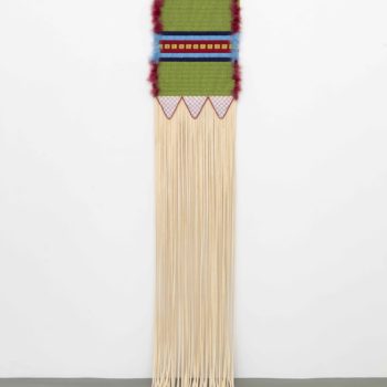 Dyani White Hawk (Sičangu Lakota, born 1976), 'Carry I', 2019, Buckskin, synthetic sinew, antique glass beads, brass sequins, canvas, acrylic, dyed feathers, 110 x 15 in., Museum Purchase: Eiteljorg Fellowship