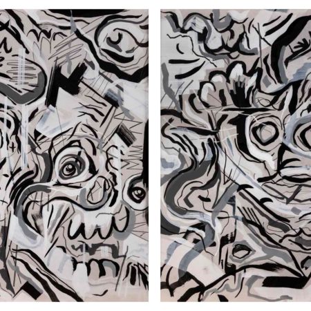 Mathew Kirk (Navajo, born 1978), 'Hello Little Paw', 2018, Mixed media on Sheetrock panel, 21 x 25 in. each (diptych), Museum Purchase: Eiteljorg Fellowship