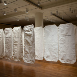Bonnie Devine (Ojibwa, born 1952), 'Manitoba', 2010, 62 Pandemic Body Bags, digitally printed labels 84 x 36 in. (each bag), Museum Purchase: Eiteljorg Fellowship