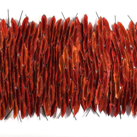 Brenda Mallory (Cherokee Nation, born 1955), 'Undulations (Red)', 2012, waxed cloth, nuts, bolts, welded steel, 48 x 80 x 7 in., Museum Purchase: Eiteljorg Fellowship
