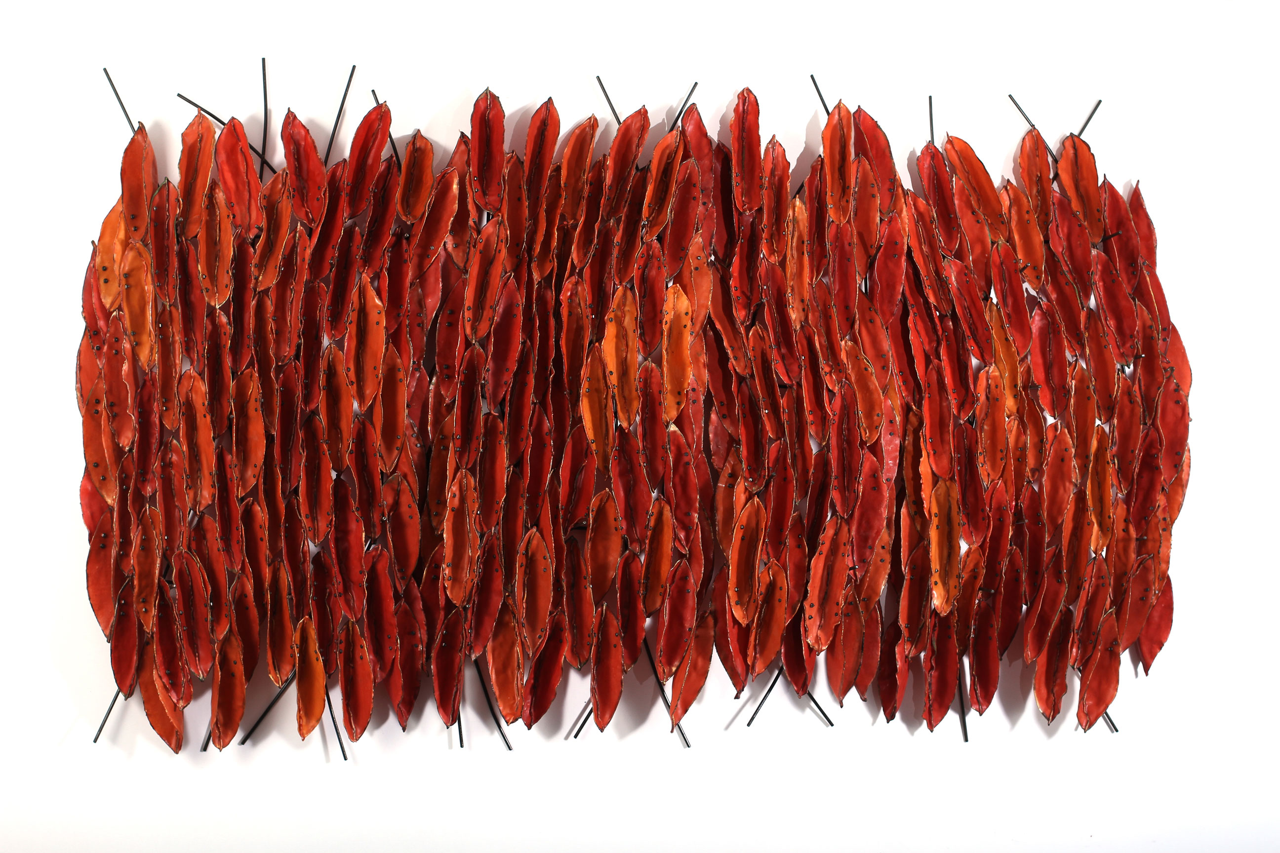 Brenda Mallory (Cherokee Nation, born 1955) Undulations (Red), 2012 waxed cloth, nuts, bolts, welded steel Museum purchase from the Eiteljorg Contemporary Art Fellowship 2015.2.1 A-D