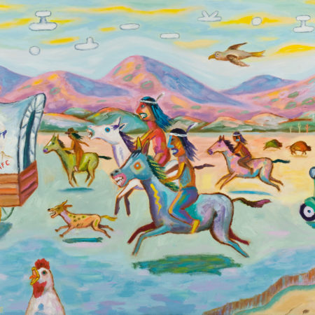 Jim Denomie (Ojibwe, born 1955), Edward Curtis, 'Paparazzi: Chicken Hawks', 2008, Oil on canvas, 35 x 40 in., Museum Purchase: Eiteljorg Fellowship