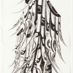 Lawrence Paul Yuxweluptun (Coast Salish/Okanagan, born 1957), 'The Last Old Growth Spirit Tree', 2012, etching on St Armand paper, 65 x 19 in., Museum Purchase: Eiteljorg Fellowship