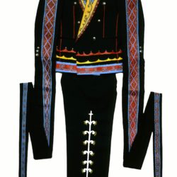 Teresa Marshall (Mi'kmaq, born 1962), 'Bering Strait Jacket #1', 1994, men's silkscreened straightjacket, men's pants, silk scarf, acrylic paint, 68 x 28 x 2 in., Museum Purchase: Eiteljorg Fellowship