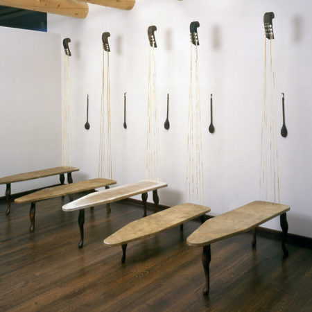 Teresa Marshall (Mi'kmaq, born 1962), 'Pressing Issues', 1998, stretched rawhide, wood, metal, leather, plastic, 96 x 118 x 54 in., Museum Purchase: Eiteljorg Fellowship
