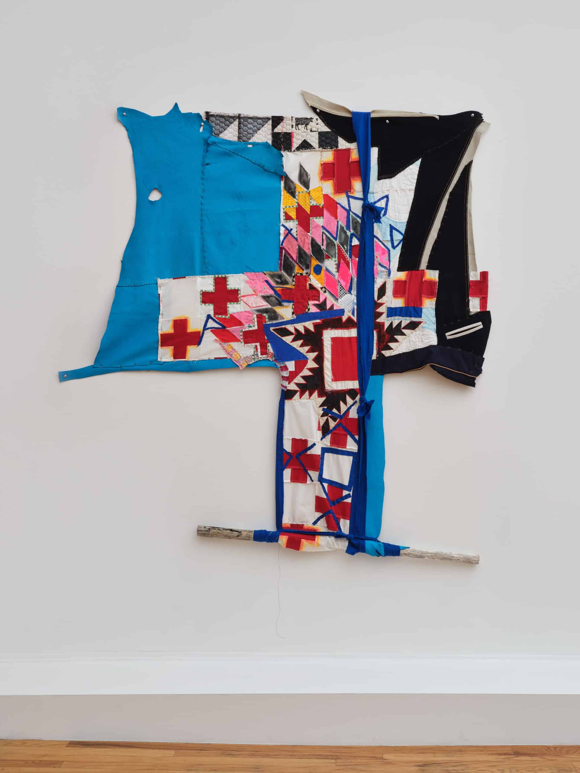 Natalie Ball, Deer Woman’s New Medicine (unbundled), 2022, textiles, wood, cowhide, paint, 71 x 63 x 2 ¼ in. Loan from the John and Susan Horseman Collection, Courtesy of the Horseman Foundation. Image courtesy by the artist and Bortolami Gallery, New York. Photographer: Guang Xu