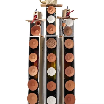 Cannupa Hanska Luger (Mandan / Hidatsa / Arikara / Lakota) Joint Chiefs of Staff (from the series “Speechless”), 2023 ceramic, steel, leather, fur, fir, repurposed speaker boxes, repurposed military lockers, synthetic hair, hand blown glass, paint 121 x 48 x 36” Loan courtesy of the Artist and Garth Greenan Gallery, NY