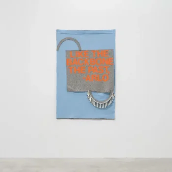 Maria Hupfield (Wasauksing First Nation [Anishinaabe]) Alpha Alternative Jr PS Treaty Talk: Arlo, Eden, Jasper, Larkin, 2016–2022 colored and industrial felt, mixed media 54.5 x 37” Loan courtesy of the artist and Patel Brown, photo courtesy of Darren Rigo
