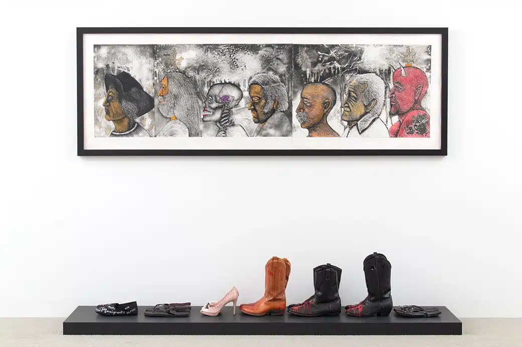 Jean LaMarr (Northern Paiute / Achomawi [Pit River]) Seven from Hell (Columbus, the Priest, the Harlot, the Pimp, the Murderer, the Thief and Satan) #6, 1991 hand-colored etching on three large pieces of paper, found shoes, paint, and board Museum Purchase from the Eiteljorg Contemporary Art Fellowship