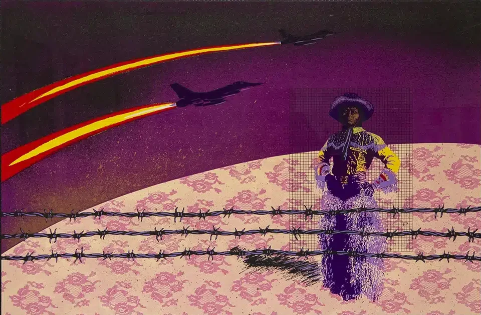 Jean LaMarr (Northern Paiute / Achomawi [Pit River]) Some Kind of Buckaroo, 1996 serigraph on paper 26 ¼ x 38 inches Gift of Joe Feddersen 2017.20.5