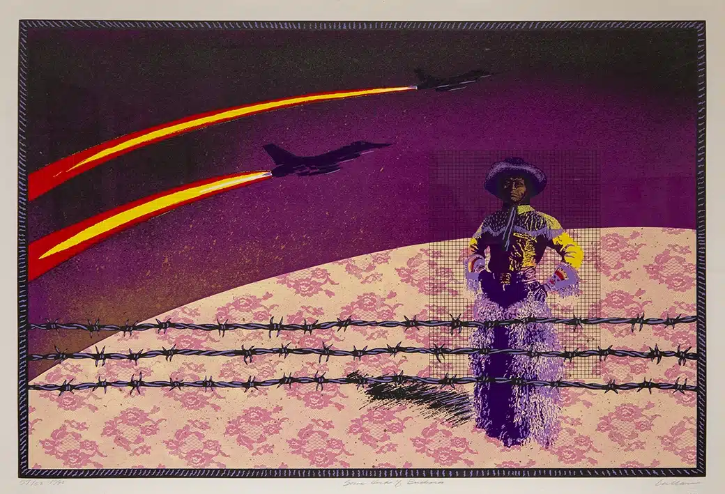 Jean LaMarr (Northern Paiute / Achomawi [Pit River]) Some Kind of Buckaroo, 1996 serigraph on paper 26 ¼ x 38 inches Gift of Joe Feddersen 2017.20.5