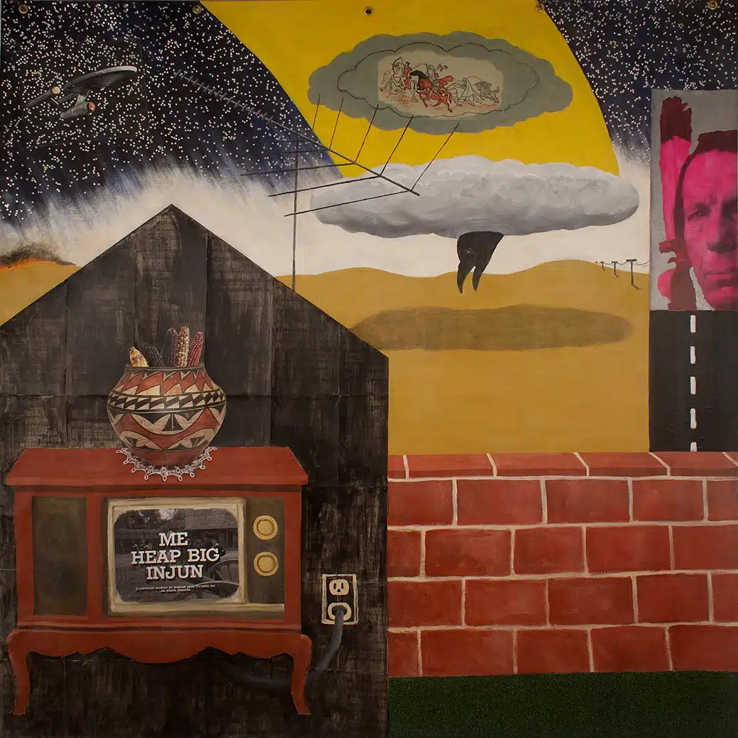John Feodorov (Navajo [Diné], born 1960): My Life as a Suburban Ind’n, 2023 acrylic, collage, and plastic grass on unstretched canvas 67 x 65 in. Museum Purchase from the Eiteljorg Contemporary Art Fellowship Image courtesy of the artist